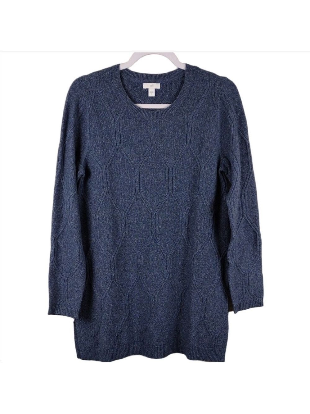 J. Jill Blue Cable Knit Diamond Pattern Crew Neck Long Sleeve Tunic Sweater